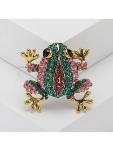 Pink and Green Rhinestone Frog Broach