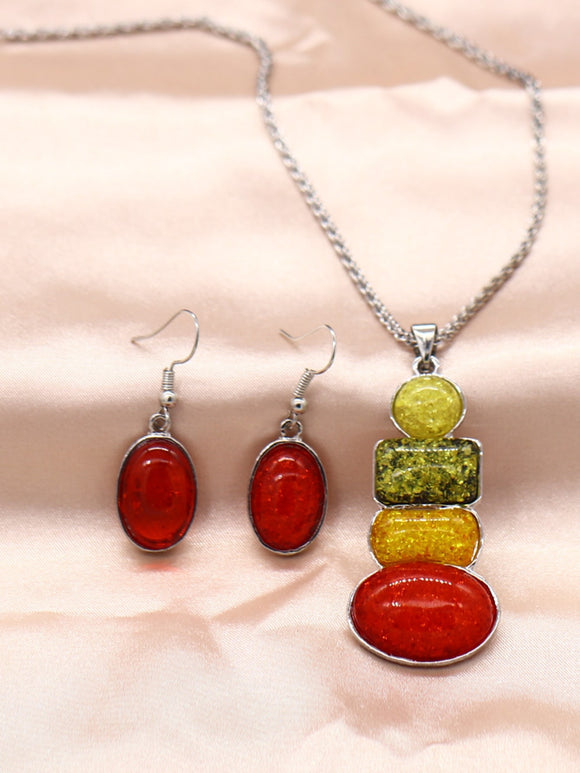 Red Necklace & Earring set (Mustard/Green)